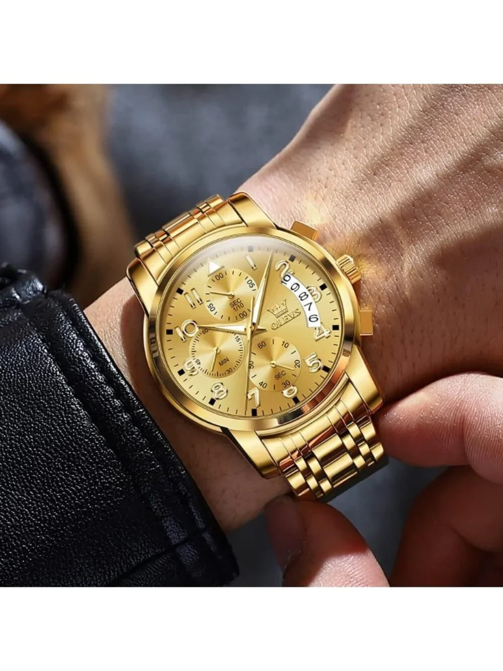 Men's Gold Face/Gold Band Stainless Steel Chronograph Waterproof Wrist Watch
